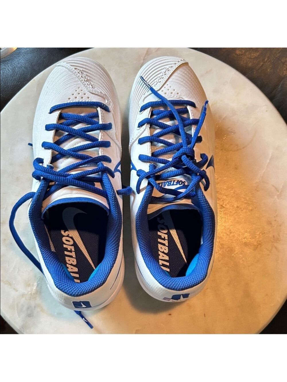 Nike White and Blue Athletic softball shoes with metal cleats